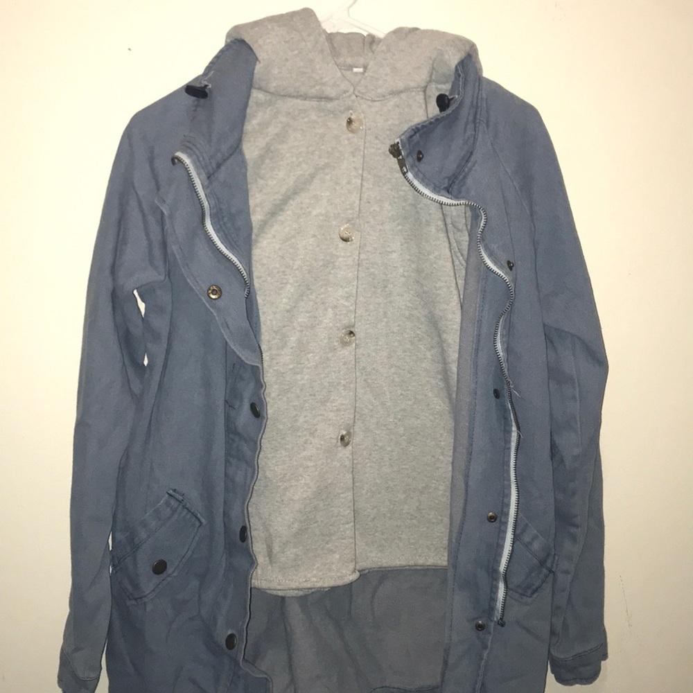 Jean jacket w grey cotton vest w hood